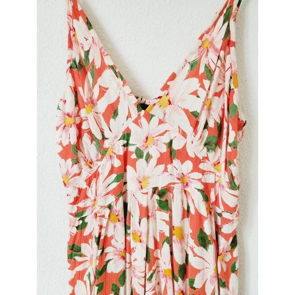 Angie Womens M Orange Daisy Floral Print Wide Leg Jumpsuit Smocked Bohemian Boho - Picture 3 of 10